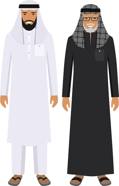 Vector standing together old and young arab man in traditional muslim arabic clothes in flat style vector