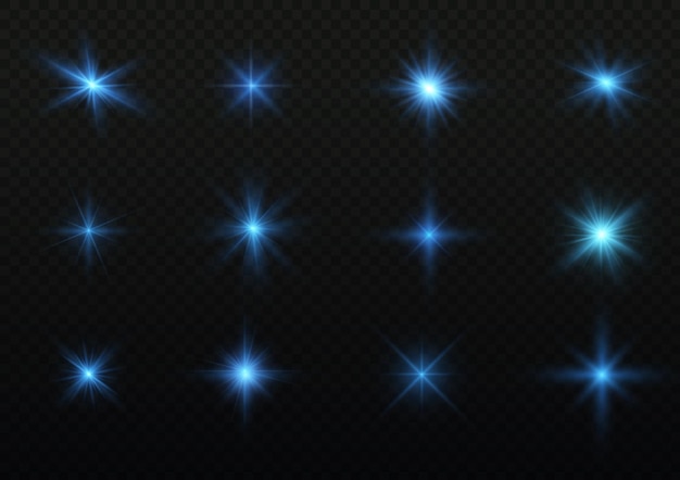 Star burst sparkles Shining sun rays bright flash Blue glowing light explode Glare sparks Vector