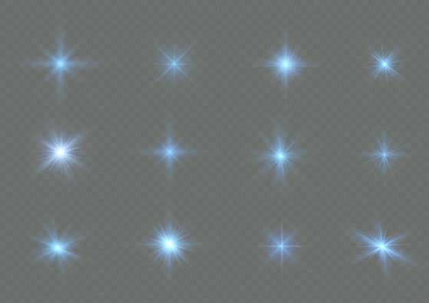 Star burst sparkles Shining sun rays bright flash Blue glowing light explode Glare sparks Vector