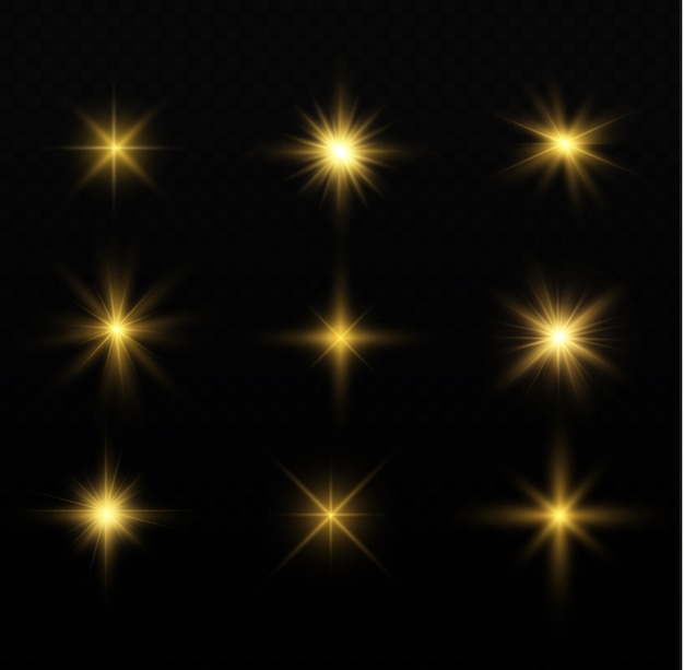 Star burst sparkles Shining sun rays bright flash Gold glowing light explode Glare sparks Vector