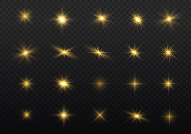 Star burst sparkles Shining sun rays bright flash Gold glowing light explode Glare sparks Vector