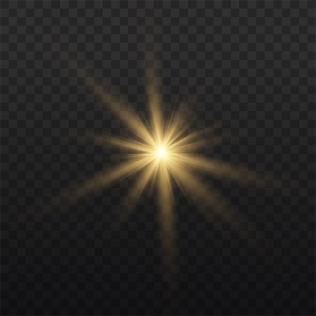 The star burst with brilliance, glow bright star, yellow glowing light burst on a transparent background, yellow sun rays, golden light effect, flare of sunshine with rays,