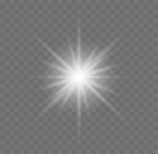 Star burst with sparkles. White glowing light explodes on a transparent background. Transparent shining sun, bright flash.