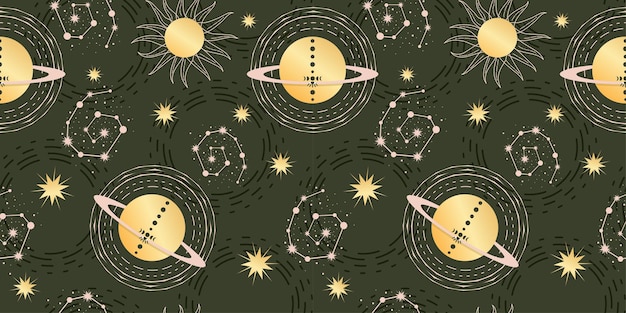 Vector star celestial seamless pattern with planet and constellations magical astrology in vintage boho style golden sun with moon phases and stars vector illustration