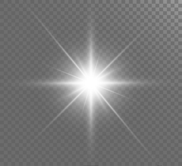 The star explodes in bright flares on a transparent background. Bright Star. Transparent shining sun, bright flash.