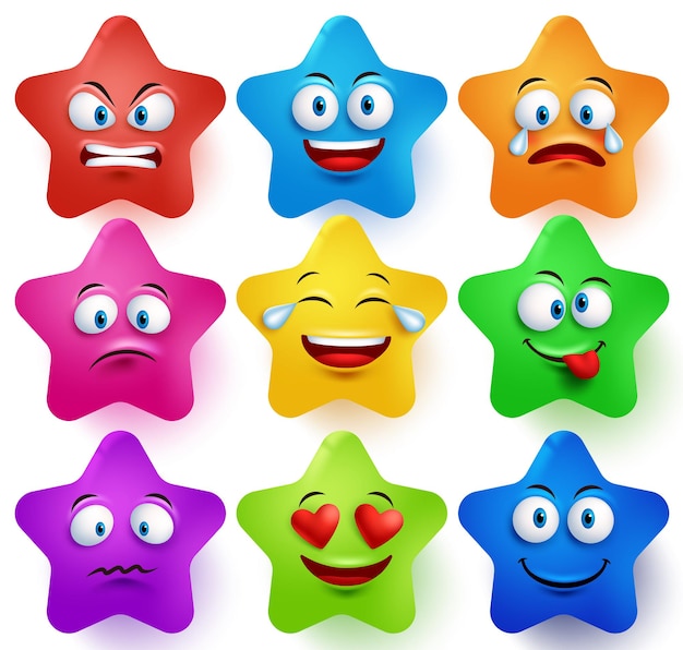 Star faces vector set with colors and facial expressions and different emotions