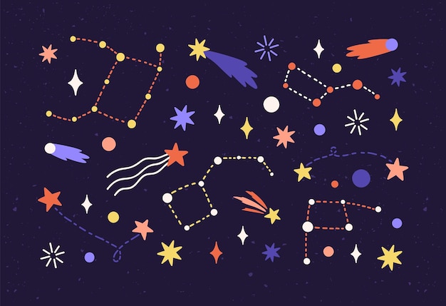 Star map with constellations and comets in outer space. Cosmic starry night sky with celestial objects in cosmos. Astronomical composition. Colored flat vector illustration of universe.