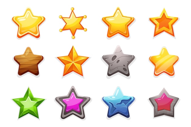 Star rating Cartoon trophy and achievement game interface elements Vector star icon set