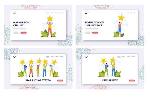 Star Rating Landing Page Template Set Tiny Clients Characters Holding Huge Stars Consumer Feedback or Customer Review