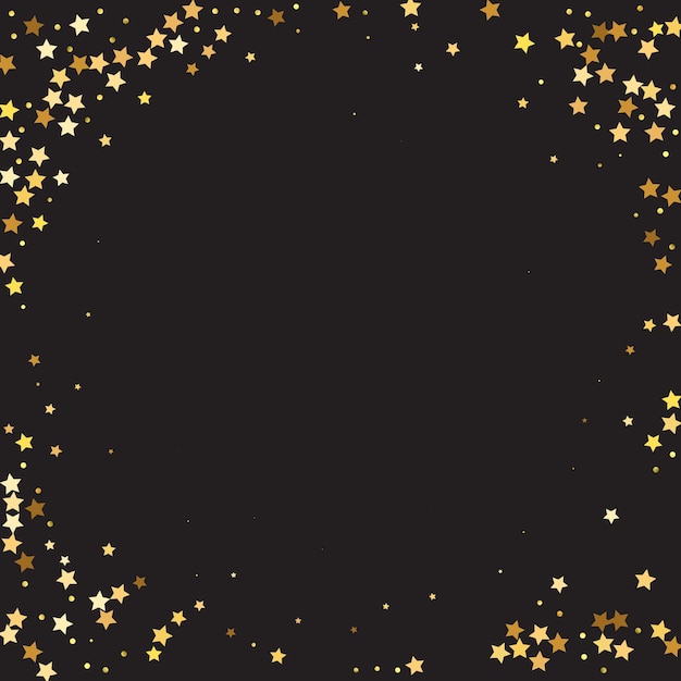 Star Sequin Confetti on Black Background. Christmas Party Frame. Vector Gold Glitter. Falling Particles on Floor. Voucher Gift Card Template. Isolated Flat Birthday Card. Golden Stars Banner.