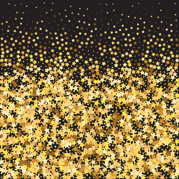 Star Sequin Confetti on Black Background. Isolated Flat Birthday Card. Golden Stars Banner. Christmas Party Frame. Vector Gold Glitter. Falling Particles on Floor. Voucher Gift Card Template.