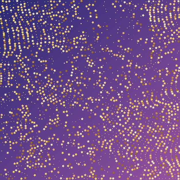 Vector star sequin confetti on neon purple background. vector gold glitter. falling particles on floor. voucher gift card template. christmas party frame. isolated flat birthday card. golden stars banner.