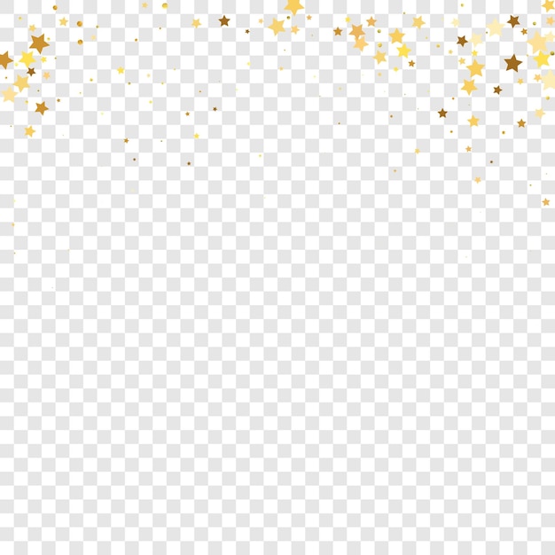 Star Sequin Confetti on Transparent Background. Christmas Party Frame. Voucher Gift Card Template. Vector Gold Glitter. Falling Particles on Floor. Isolated Flat Birthday Card. Golden Stars Banner.