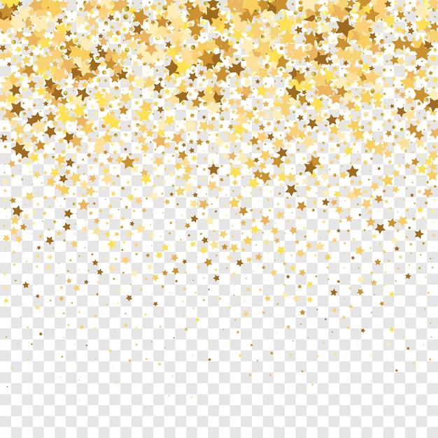 Star Sequin Confetti on Transparent Background. Christmas Party Frame. Voucher Gift Card Template. Vector Gold Glitter. Falling Particles on Floor. Isolated Flat Birthday Card. Golden Stars Banner.