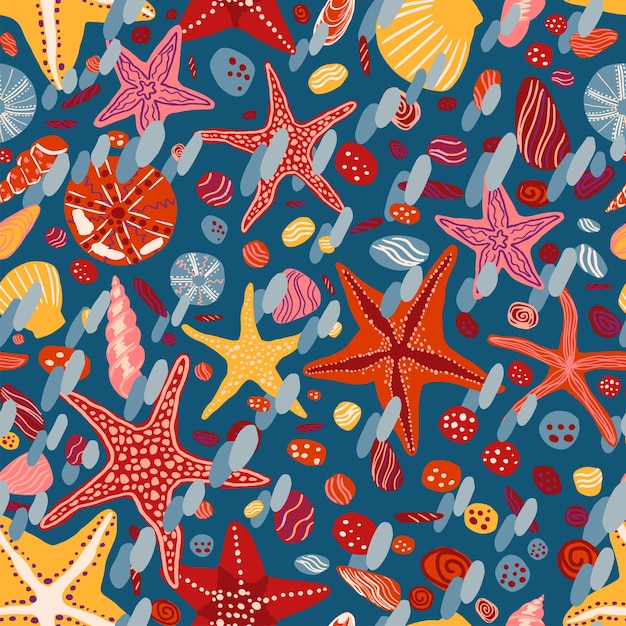 Starfishes, shells and stones flat hand drawn vector seamless pattern. Colorful wallpaper in scandinavian style. Summer sea background. Abstract design for print, wrap, textile, fabric.