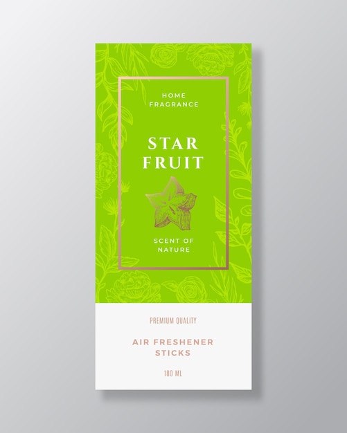 Starfruit home fragrance abstract vector label template hand drawn sketch flowers leaves background ...