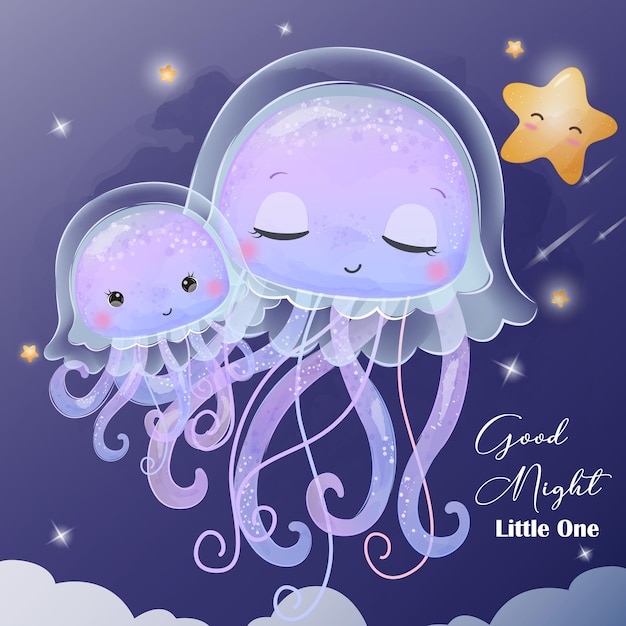 Starry Night Jelly Fish in Watercolor Illustration