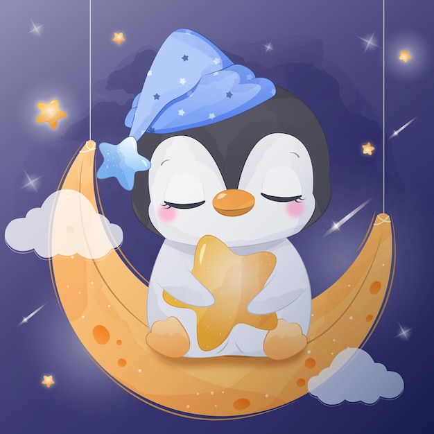 Starry Night Penguin in Watercolor Illustration