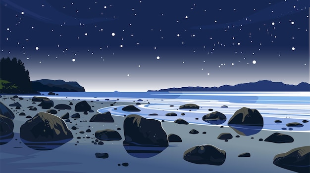 Vector starry night sea landscape with stars in dark sky vector illustration of midnight calm ocean sea and and rocky shore