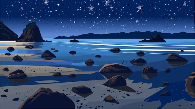 Vector starry night sea landscape with stars in dark sky vector illustration of midnight calm ocean sea and and rocky shore