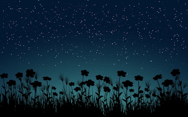 Starry night sky landscape with silhouette of plants