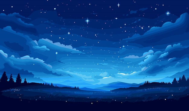 A starry night sky over a meadow vector simple 3d isolated illustration