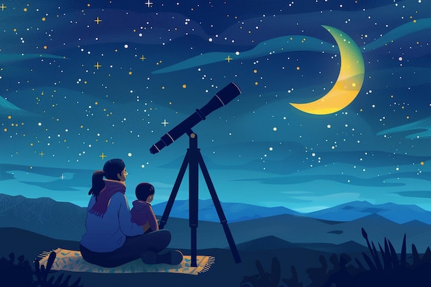 Vector starry night with adult and child