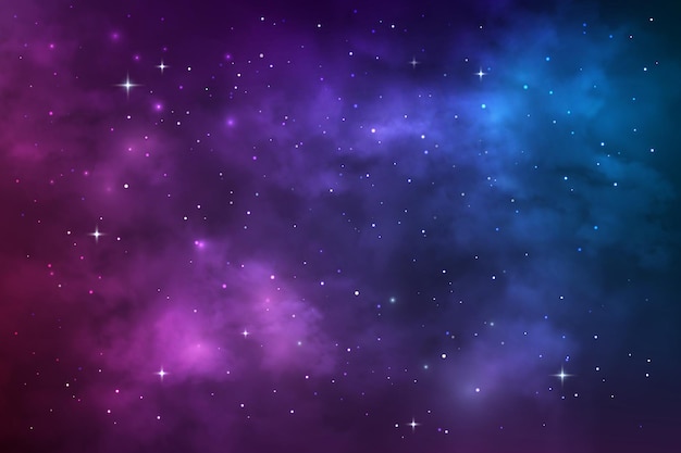 Starry universe, space galaxy nebula, stars and stardust. Vector cosmic background with blue and purple realistic nebulosity and shining stars. Colorful cosmos infinite, night sky wallpaper backdrop