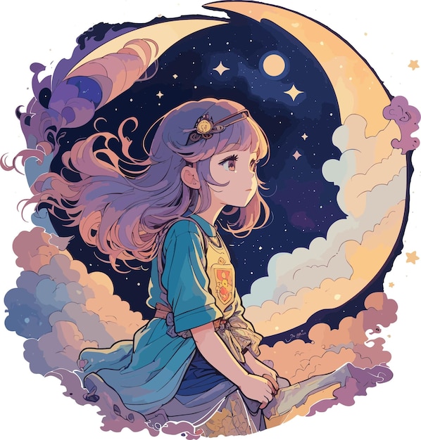 StarryEyed Wanderer A Charming Cartoon Illustration of a Girl Gazing at the Night Sky