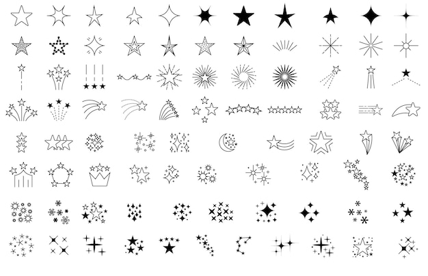 Stars and fireworks collection vector black line artrainbow big set isolated star icon flat style