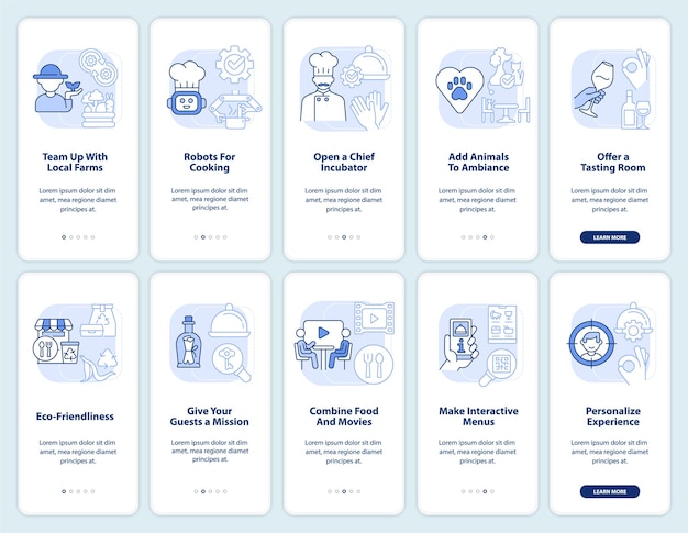 Start restaurant business light blue onboarding mobile app screen set