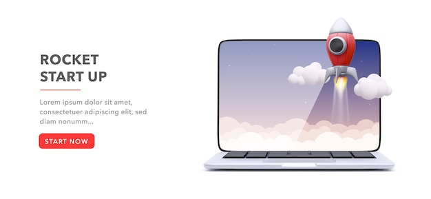 Start up banner with laptop, rocket, clouds in realistic 3d style.