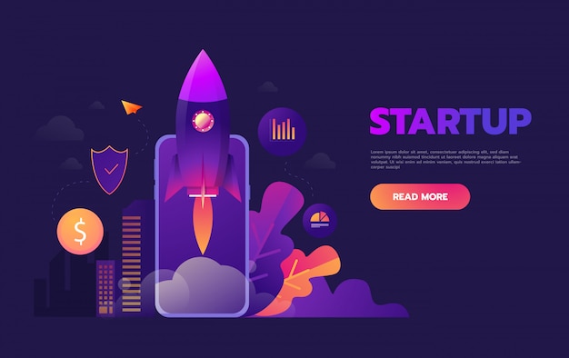 Start up business concept for mobile app development or other disruptive digital business ideas, Cartoon rocket launching from smart phone tablet