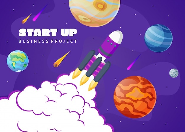 Start up concept space background with rocket and planets