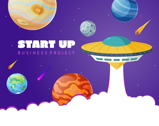 Start up concept space background with ufo and planets