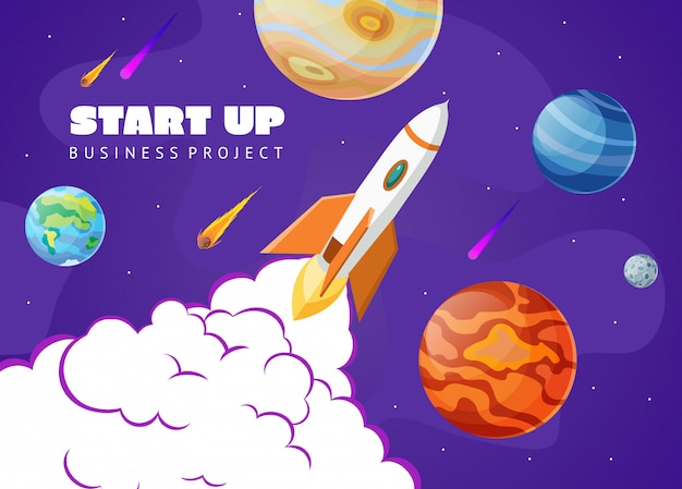 Start up concept space with rocket and planets. 