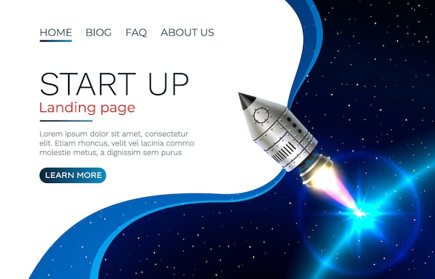 Start up idea Landing page screen, development technology, rocket . 