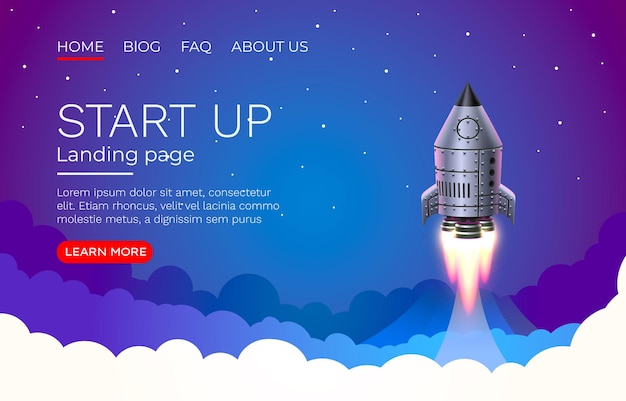 Start up idea Landing page screen, development technology, rocket . 