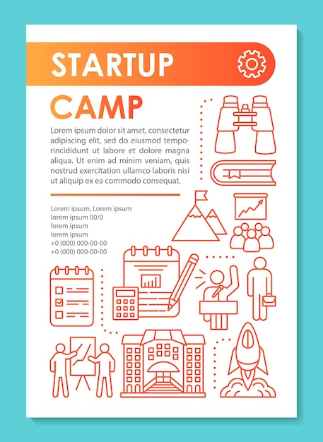 Startup camp, professional assistance brochure template layout. Flyer, booklet, leaflet print design with linear illustrations. Vector page layouts for magazines, annual reports, advertising posters