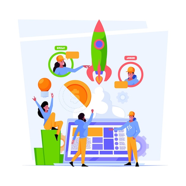 Startup concept Business characters analyzing successful interesting project team working of manager consult developers garish vector colored background in flat style