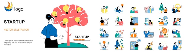 Startup concept with character situations mega set Bundle of scenes people brainstorming and developing new business project planning and investing money Vector illustrations in flat web design