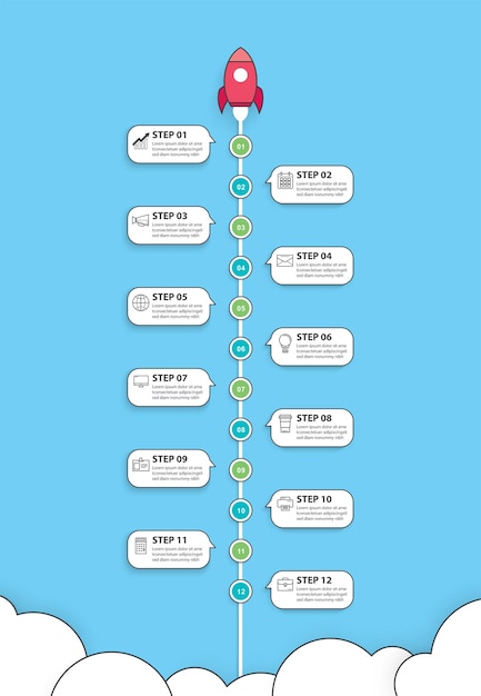 Startup infographics with 12 thin line data template Illustration abstract rocket on blue background