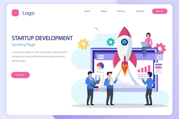 Startup launch concept Development process Innovation product creative idea landing page website flat vector template