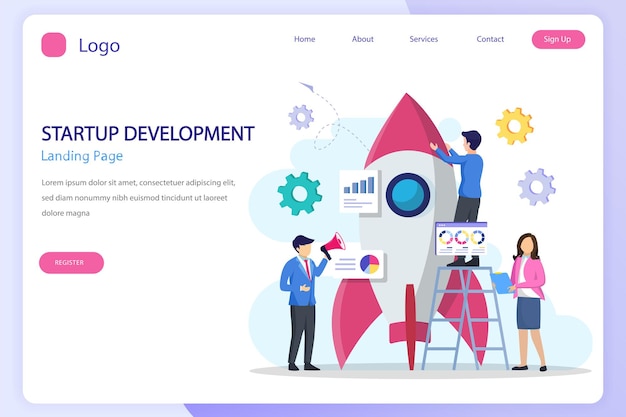 Startup launch concept Development process Innovation product creative idea landing page website flat vector template