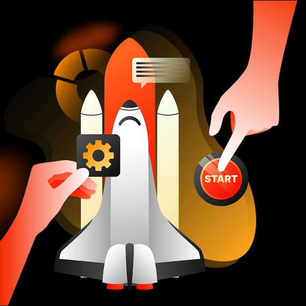 Startup Launch Illustration Hand pressing Start Button Rocket and Settings symbols Red Concept