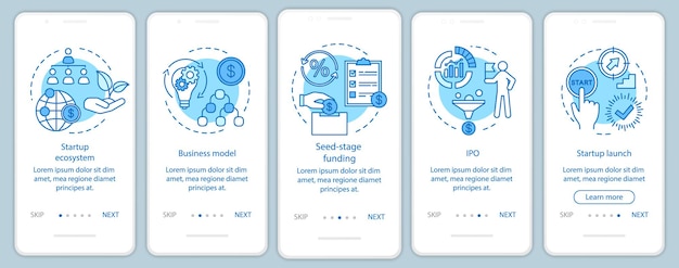 Startup onboarding mobile app page screen with linear concepts. Building business walkthrough steps graphic instructions. UX, UI, GUI vector template with illustrations