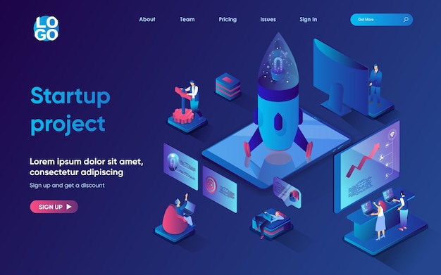 Startup project concept isometric landing page Team creates and launches new project analyzes