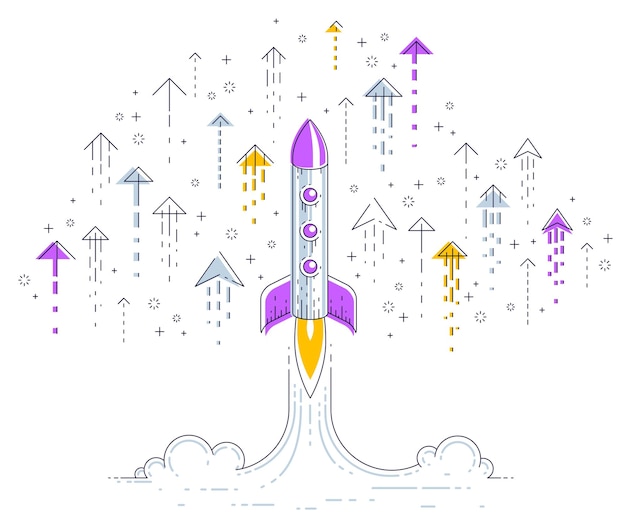 Startup rockets take off, space rockets flying start up business concept, vector illustration.