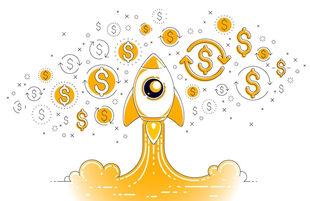 Startup rockets take off, space rockets flying start up business concept, vector illustration.