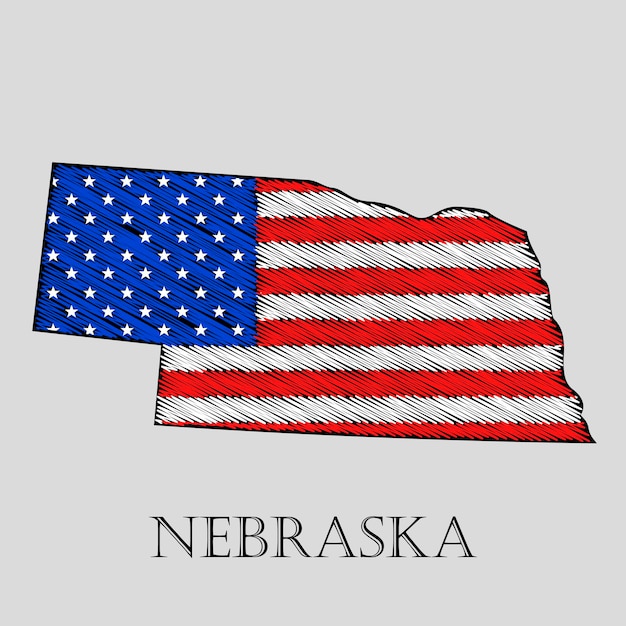 State Nebraska in scribble style - vector illustration. Abstract flat map of Nebraska with the imposition of US flag.